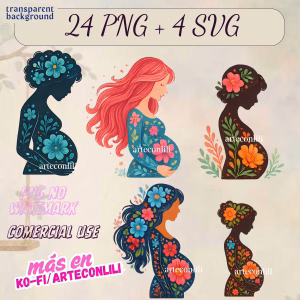 24 Floral Pregnant Woman PNG & SVG Clipart | Instant Download for Scrapbooking & Baby Showers