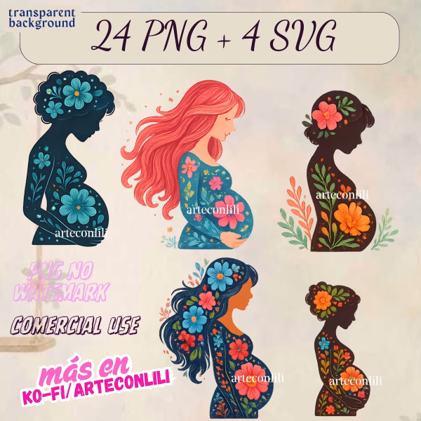 24 Floral Pregnant Woman PNG & SVG Clipart | Instant Download for Scrapbooking & Baby Showers