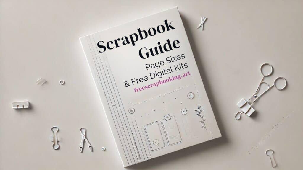 A minimalistic horizontal cover for a guide on scrapbooking. The design features a clean white background with simple text reading 'Scrapbook Guide Page Sizes & Free Digital Kits' in modern, elega