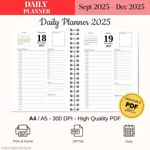 Free 2025 daily planner A5 Sept–Dec PDF SVG printable with covers