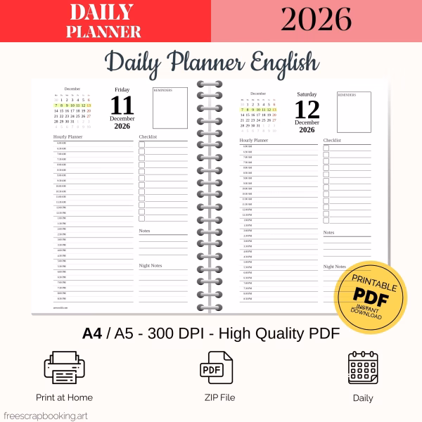 Free 2026 daily planner A5 full year PDF SVG printable with covers