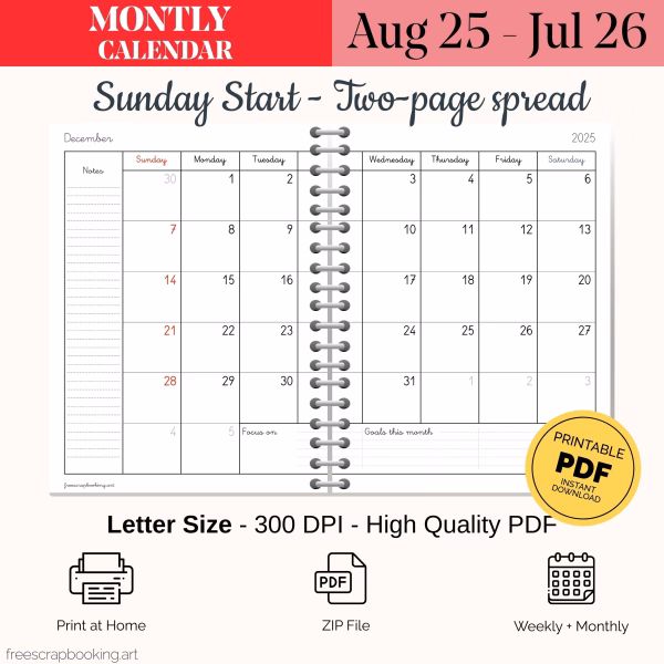 Free academic calendar Aug 2025 to Jul 2026 PDF – monthly two-page spread with binding margins US Letter