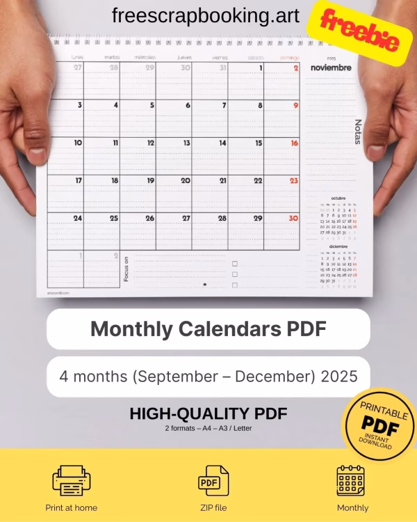Free printable calendar 2025 September to December PDF A4 US Letter