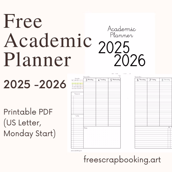 Free Academic Planner 2025–2026 PDF cover – printable US Letter Monday start