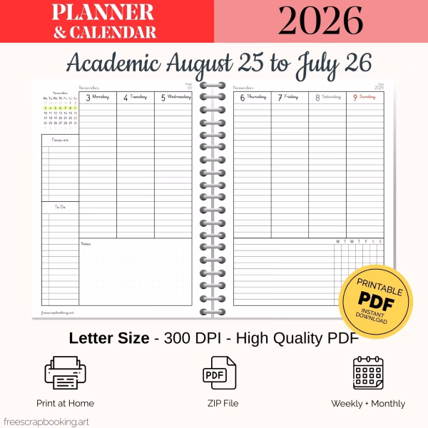 Free academic planner 2025–2026 weekly spread Monday start printable PDF
