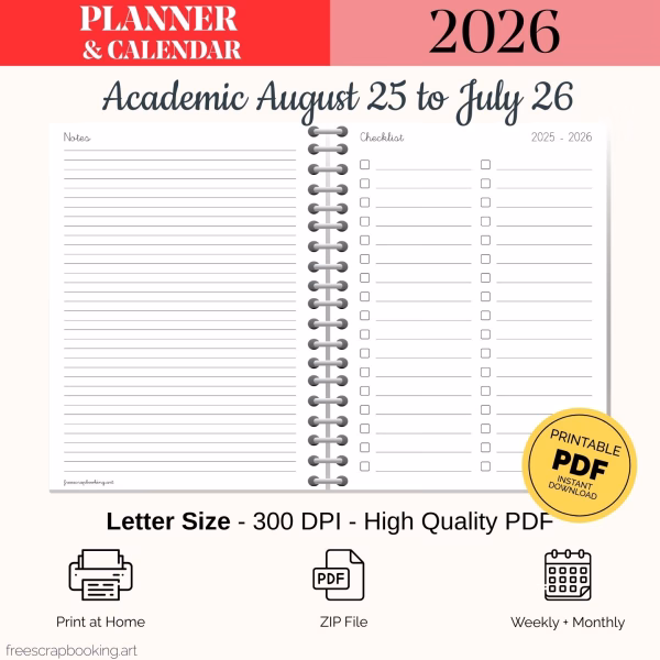 Free printable planner 2025–2026 notes and extras pages PDF