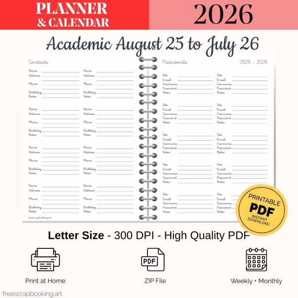 Free printable planner 2025–2026 notes and extras pages PDF