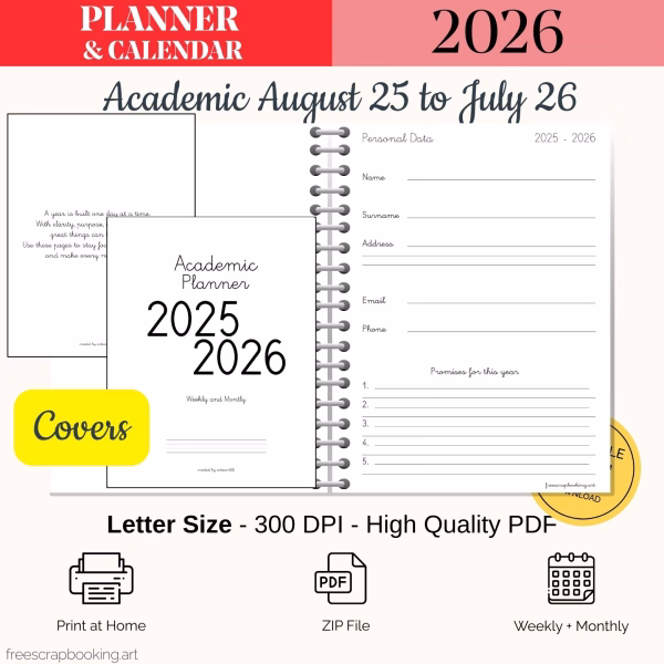 Free Academic Planner 2025–2026 PDF cover – printable US Letter Monday start