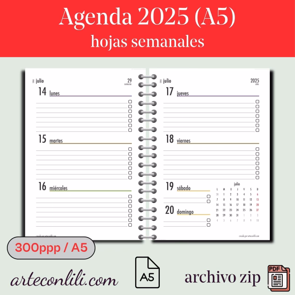 Printable 2025 Weekly Agenda | Instant Download Planner Spanish - A5 Format