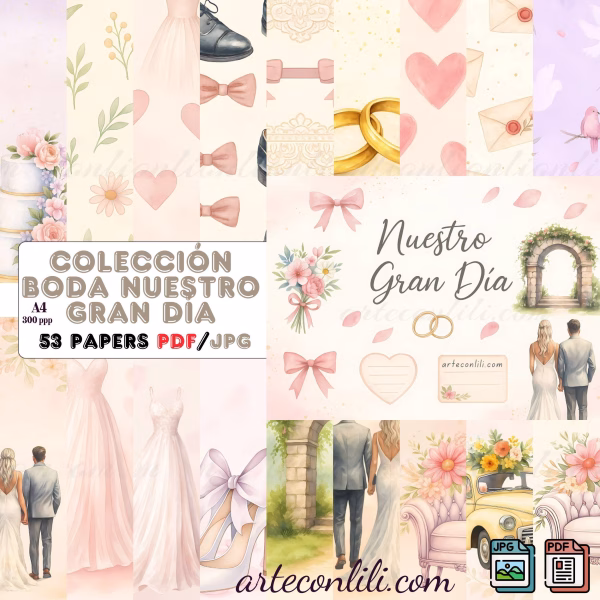 Printable Scrapbook Paper Collection "Our Big Day" – 53 Wedding Papers for Instant Download
