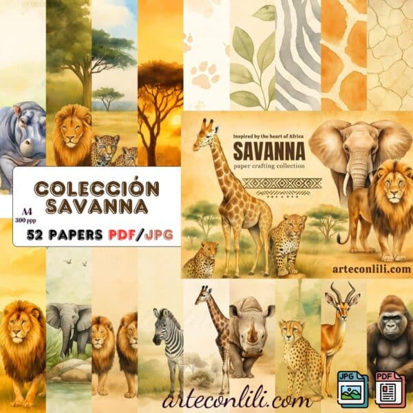 Savanna Digital Download: 52 Printable Scrapbook Papers for Safari Adventures