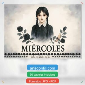 Free Wednesday Addams fanart scrapbooking kit – printable gothic papers in PDF and JPG (A4 and A3) cover spanish english