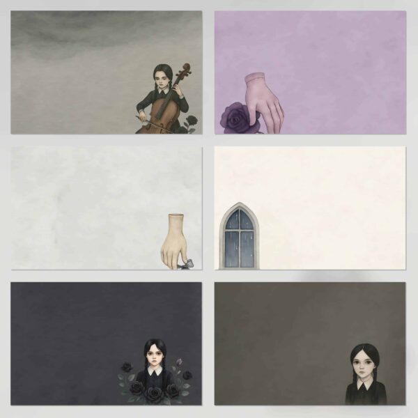 Free Wednesday Addams fanart scrapbooking kit – printable gothic papers in PDF and JPG (A4 and A3) ilustrations