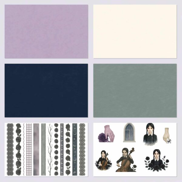 Free Wednesday Addams fanart scrapbooking kit – printable gothic papers in PDF and JPG (A4 and A3)