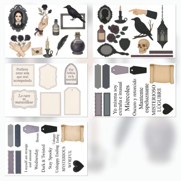 Free Wednesday Addams fanart scrapbooking kit – printable gothic papers in PDF and JPG (A4 and A3) diecuts letters cards tags