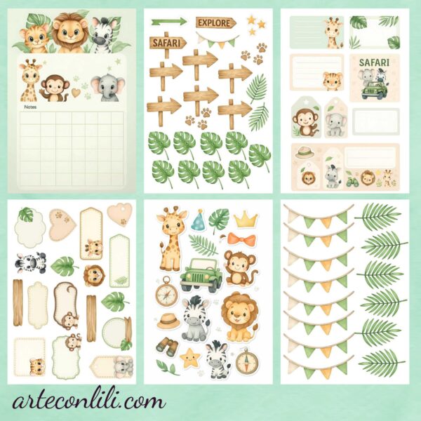 Printable Safari Sweet Collection | 36 Digital Scrapbook Papers for Kids