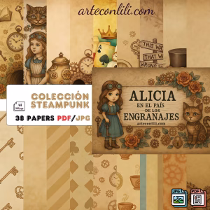 Steampunk Alice Gear Collection | Printable Scrapbook Paper Digital Download