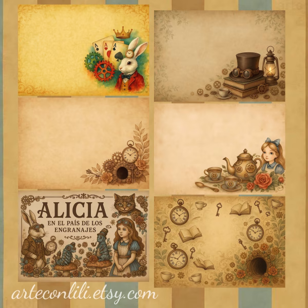 Steampunk Alice Gear Collection | Printable Scrapbook Paper Digital Download
