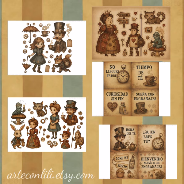 Steampunk Alice Gear Collection | Printable Scrapbook Paper Digital Download