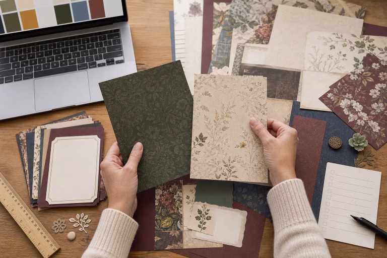 Hands comparing coordinated botanical scrapbook papers on a craft desk