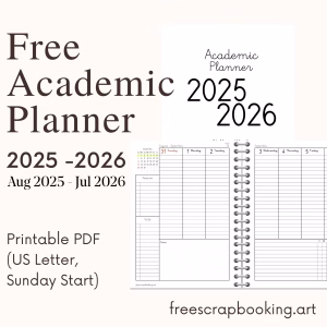 Free Academic Planner 2025–2026 PDF US Letter Sunday start – cover and weekly layout preview