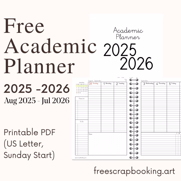 Free Academic Planner 2025–2026 PDF US Letter Sunday start – cover and weekly layout preview