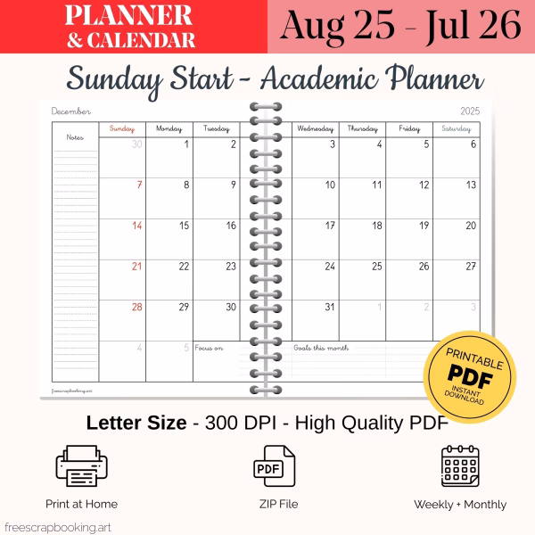Free 2025–2026 student planner monthly calendar view Sunday start printable PDF