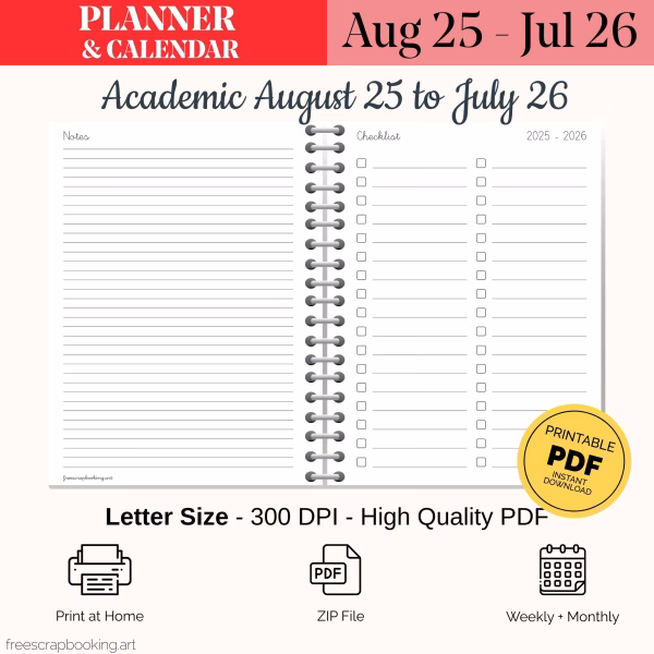 Academic planner 2025–2026 checklist and notes pages free printable PDF letter size