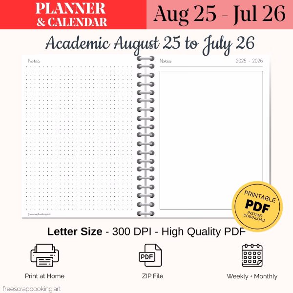 Free printable academic planner 2025–2026 dotted and lined notes pages PDF Sunday start