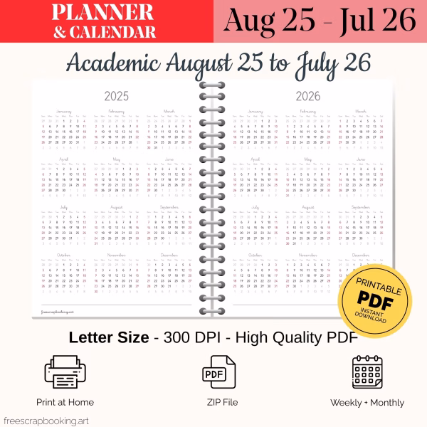 2025–2026 yearly calendar overview inside free academic planner Sunday start PDF