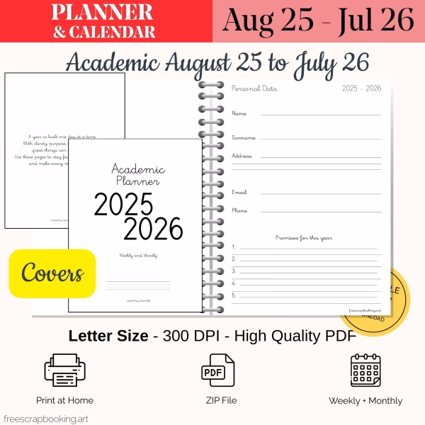 Free academic planner 2025–2026 covers and personal data pages printable PDF US Letter