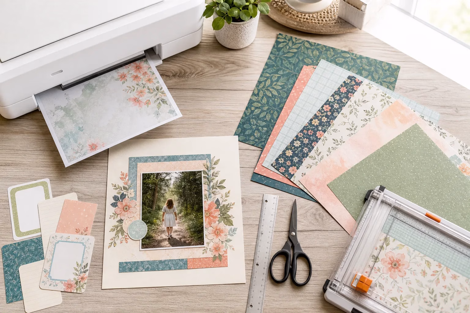 Home printer with coordinated printable scrapbook papers and craft tools
