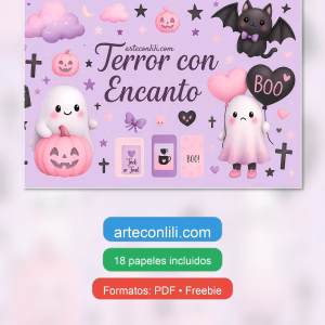 Cover of the free collection Terror with Charm, 18 free Halloween digital papers in pink and lilac with kawaii ghosts and pumpkins