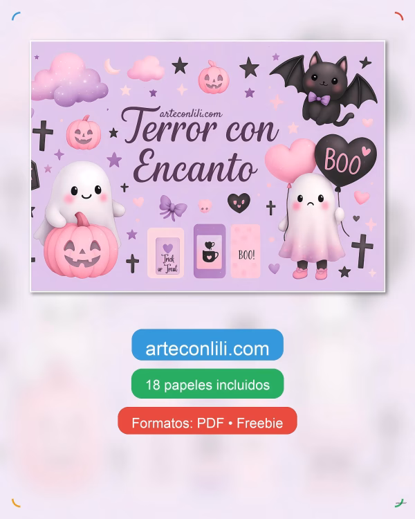 Cover of the free collection Terror with Charm, 18 free Halloween digital papers in pink and lilac with kawaii ghosts and pumpkins