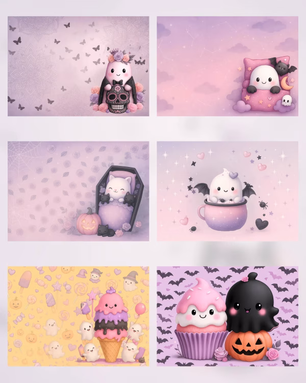 Free Halloween digital papers kawaii pastel style with ghosts, skulls, pumpkins, mugs and cupcakes
