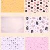 Free Halloween digital backgrounds in pink and lilac with pumpkins, candies, crosses and floral patterns.