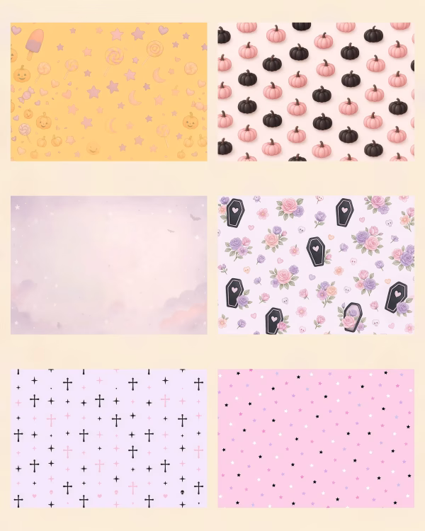 Free Halloween digital backgrounds in pink and lilac with pumpkins, candies, crosses and floral patterns.
