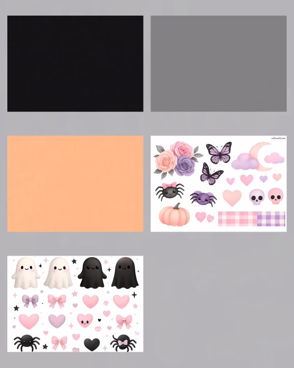 Free basic Halloween papers in black, grey and orange plus a cut-outs sheet with ghosts, flowers and hearts