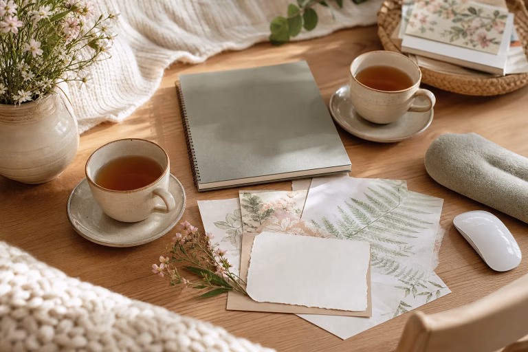 Two tea cups beside botanical scrapbook papers and a closed notebook