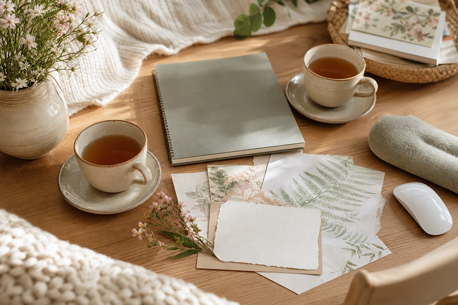 Two tea cups beside botanical scrapbook papers and a closed notebook