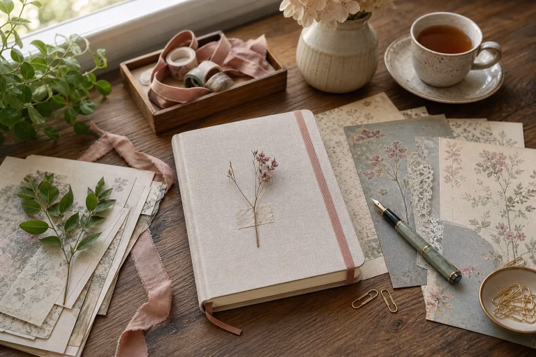 Closed planner with botanical scrapbook papers on a calm home craft desk