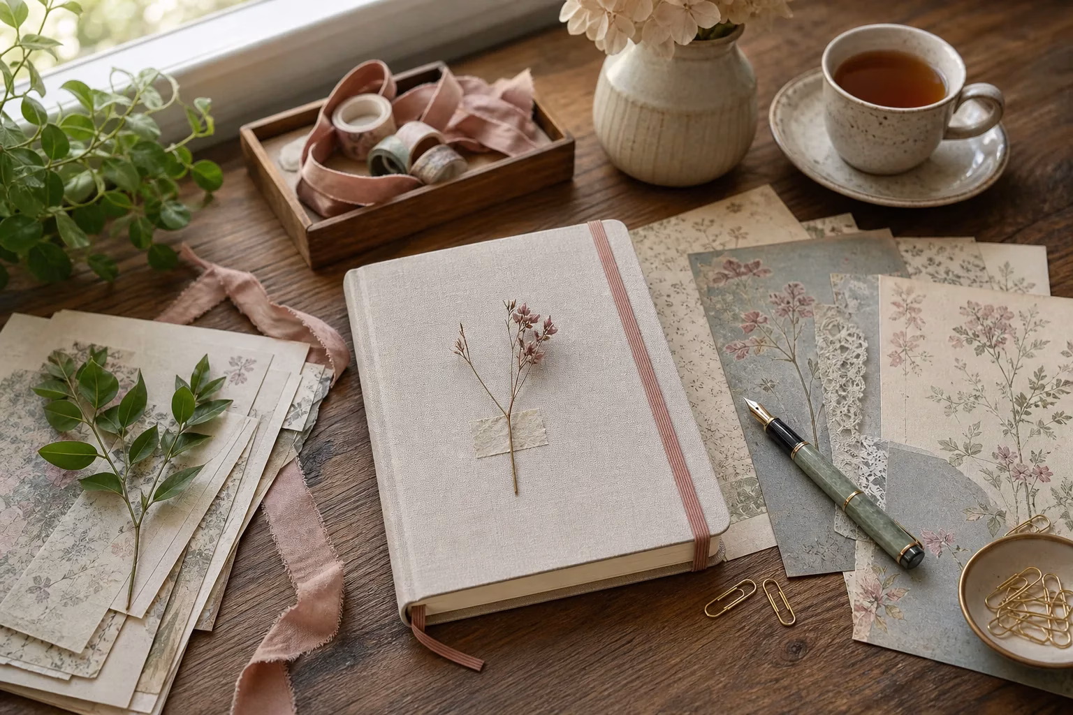 Closed planner with botanical scrapbook papers on a calm home craft desk