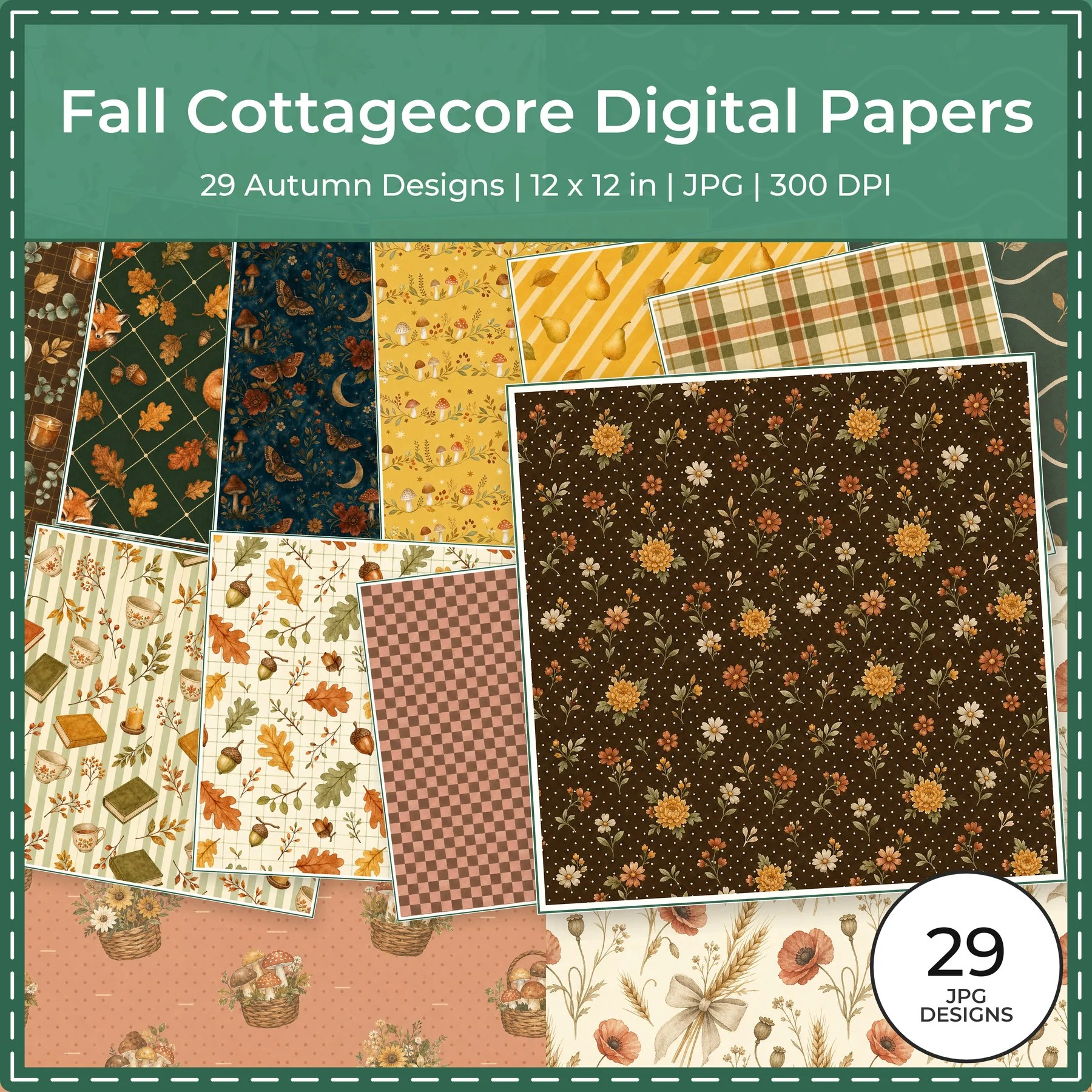 Preview of the Fall Cottagecore Digital Papers collection from ScrapBujo