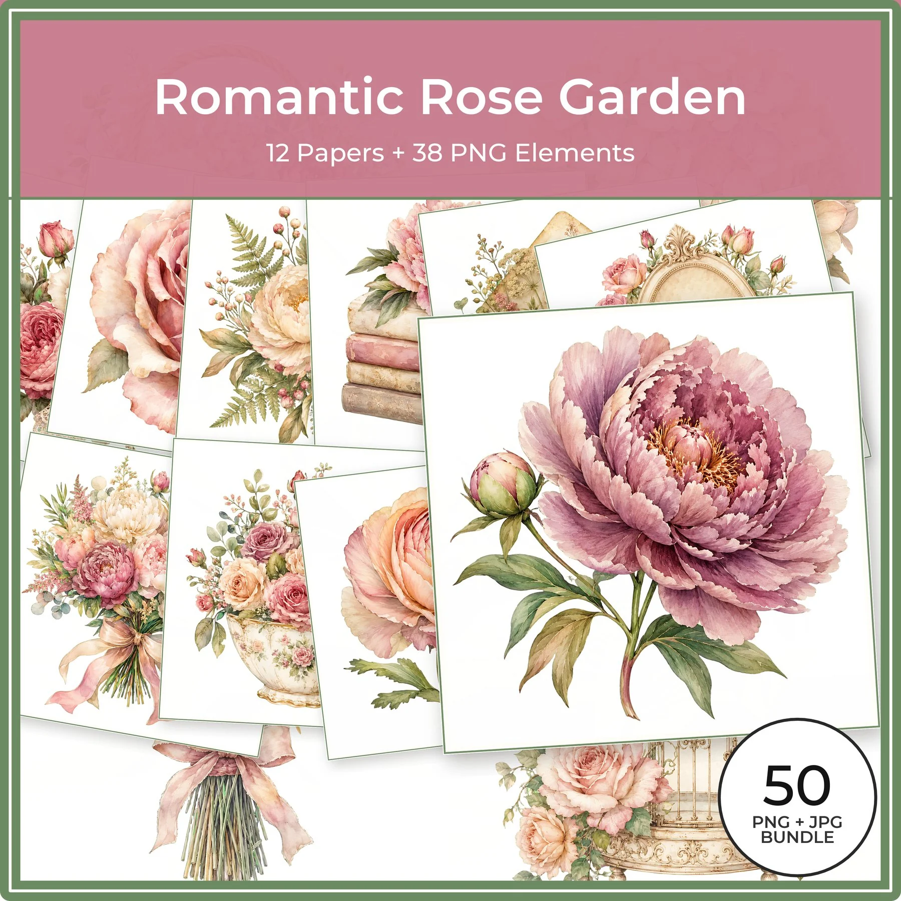 Preview of the Romantic Rose Garden digital paper bundle from ScrapBujo