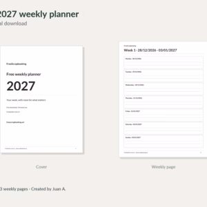 2027 free weekly planner · Real cover and weekly page with free-download, paper-size and creator copy outside the PDF pages. 2027 free weekly planner · Real cover and weekly page with free-download, paper-size and creator copy outside the PDF pages.