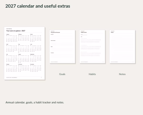 2027 free weekly planner · Annual calendar, goals, habits and notes pages. 2027 free weekly planner · Annual calendar, goals, habits and notes pages.