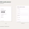 2028 free weekly planner · Real cover and weekly page with free-download, paper-size and creator copy outside the PDF pages.