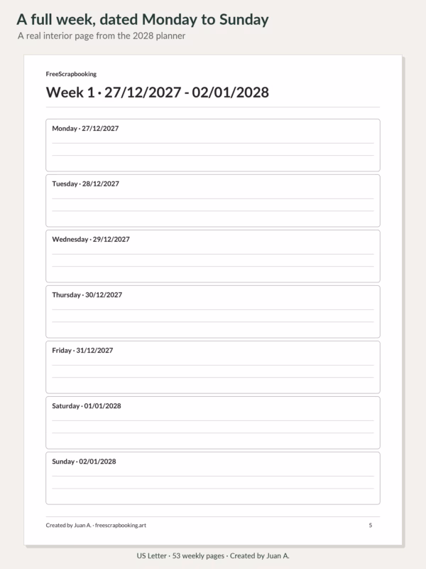 2028 free weekly planner · Full weekly page.