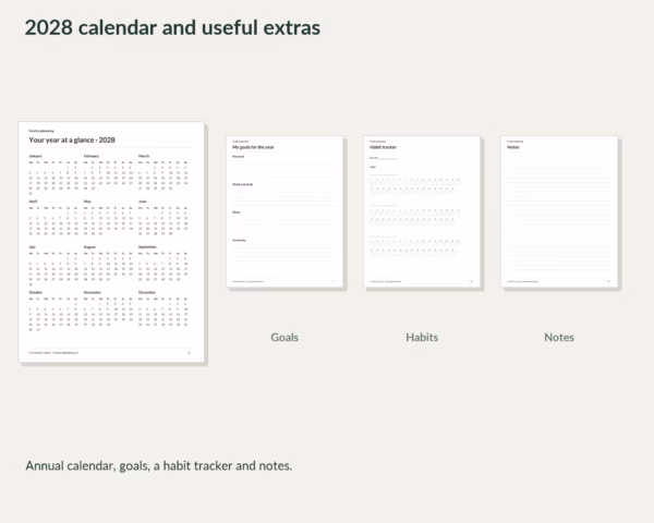 2028 free weekly planner · Annual calendar, goals, habits and notes pages.