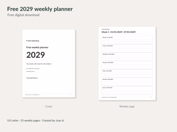 2029 free weekly planner · Real cover and weekly page with free-download, paper-size and creator copy outside the PDF pages. 2029 free weekly planner · Real cover and weekly page with free-download, paper-size and creator copy outside the PDF pages.